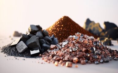 Close-up of various natural mineral rocks in earthy tones, representing raw mineral materials.