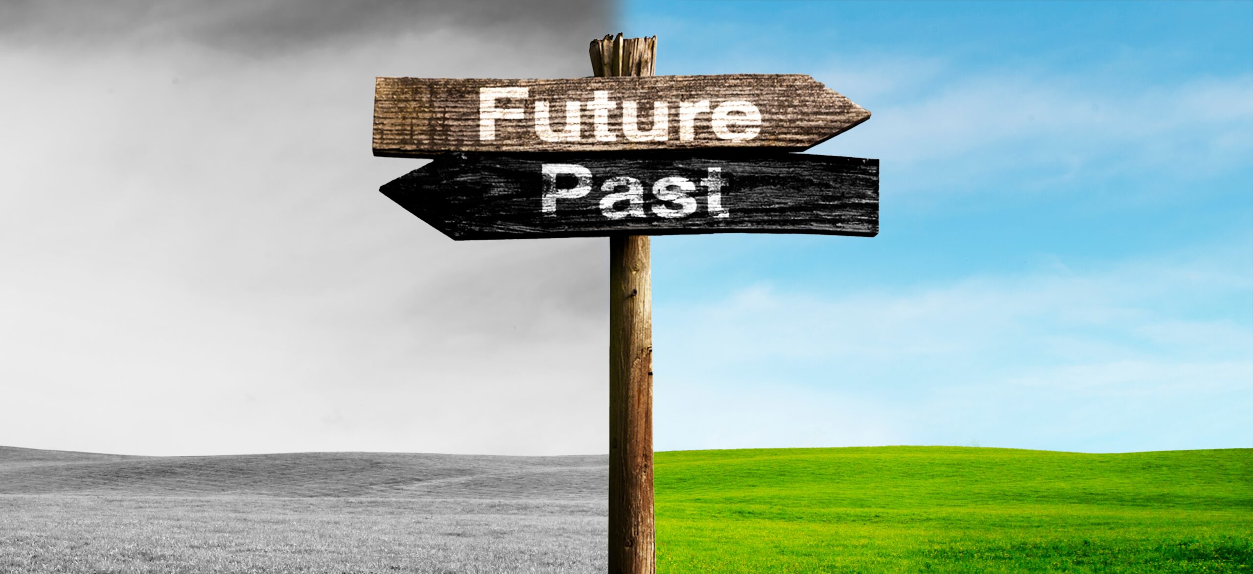 Signpost showing “Future” and “Past”, symbolizing the choice between old and new technology.